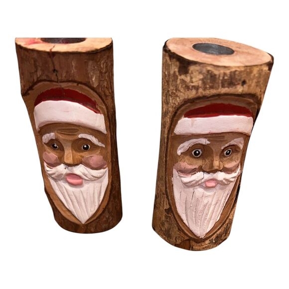 Santa Taper Candle Holder Midwest Hand Carved Wooden Set Rustic Christmas Decor - Picture 1 of 8